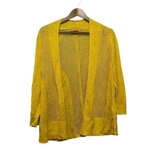 Open Knit Cardigan Yellow Linen Blend Lightweight Slit Hem Layering L/G